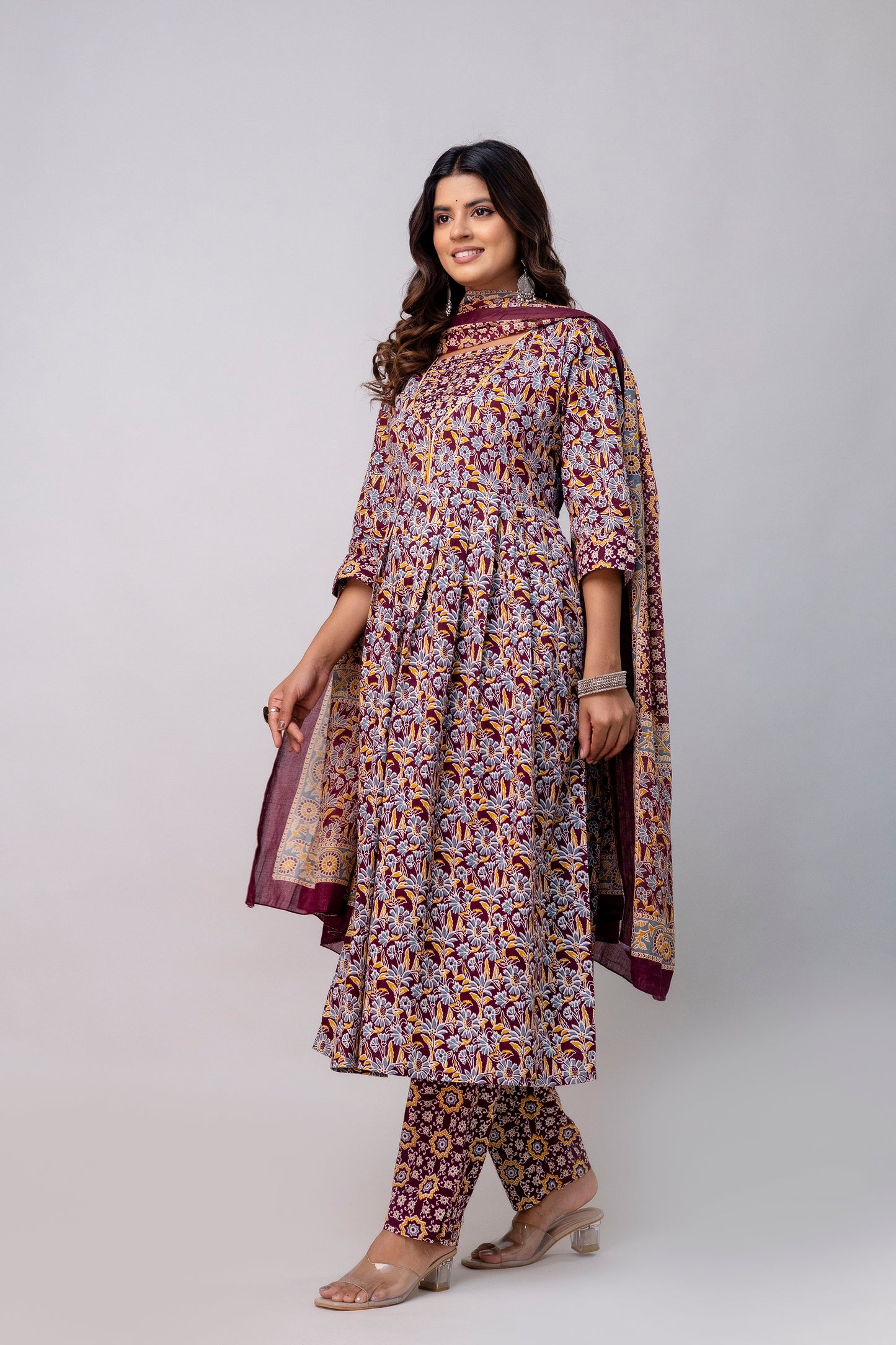 The Festive Marigold Print Pure Taj Cotton Cambric Anarkali Kurta Pant with Duaptta Set.