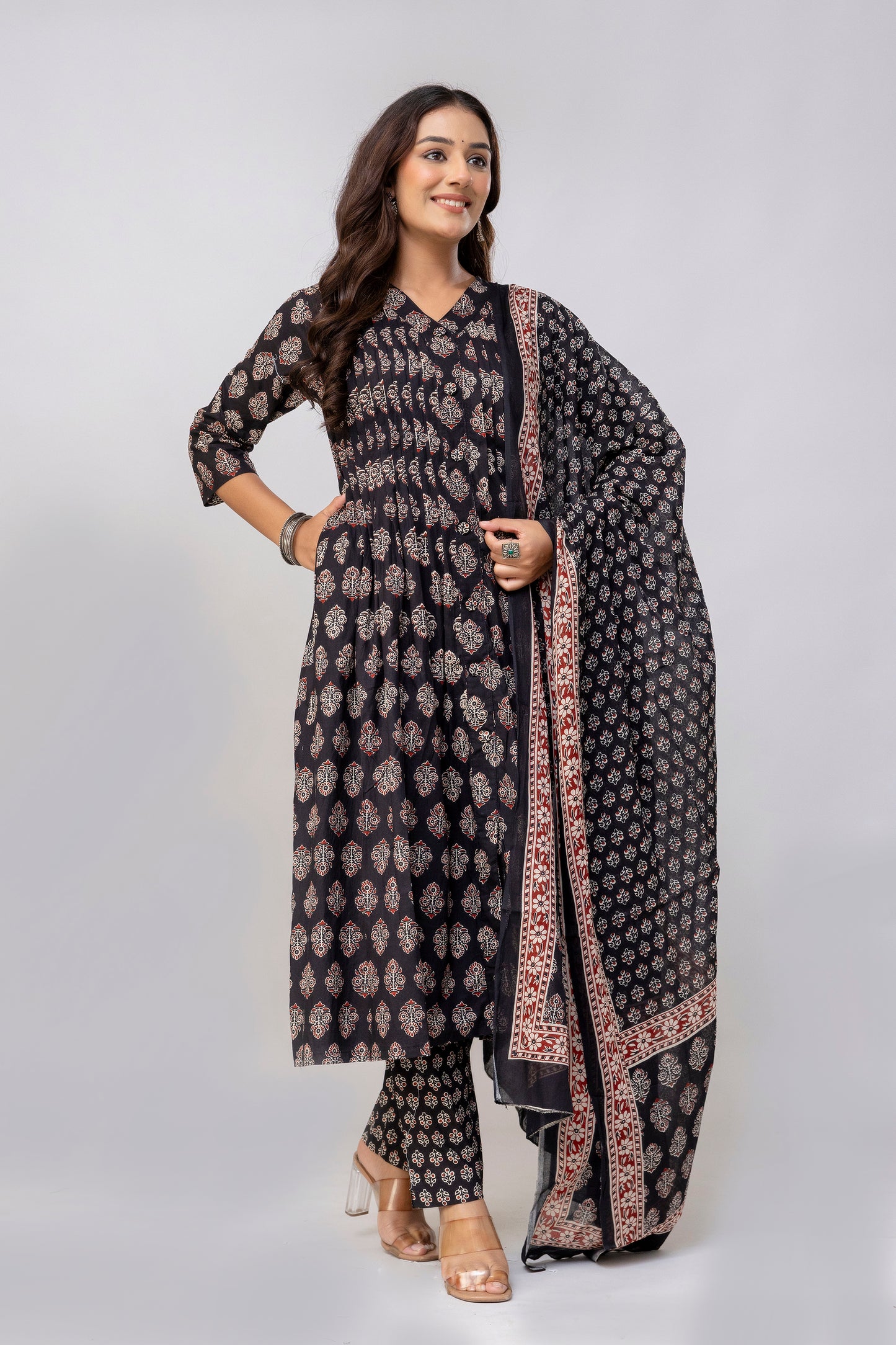 Black Colour Hand Print Pure Taj Cotton Kurta with Pant with Dupatta