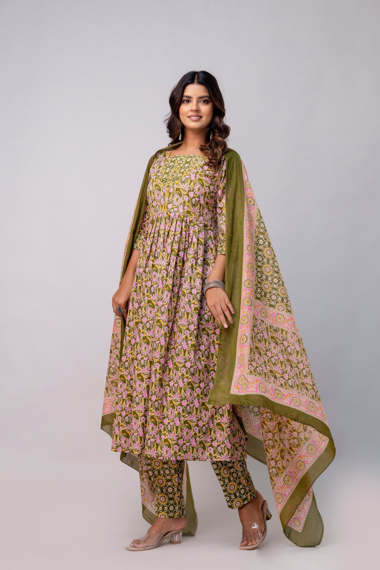 The Festive Marigold Print Pure Taj Cotton Cambric Anarkali Kurta Pant with Duaptta Set.