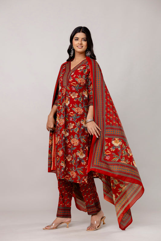 Red Colour V-Neck Kurta Set with Intricate Border Print Dupatta
