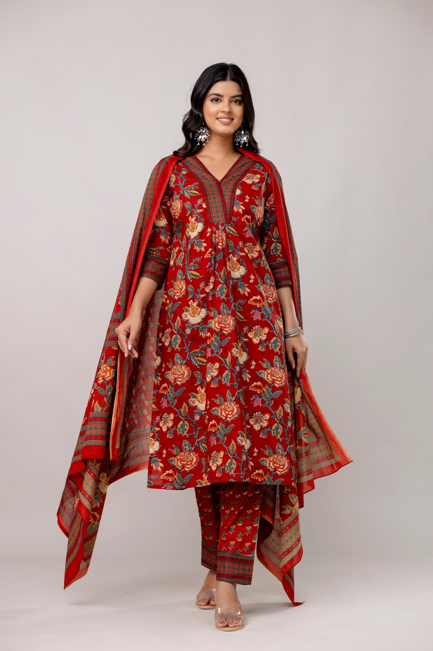 Red Colour V-Neck Kurta Set with Intricate Border Print Dupatta