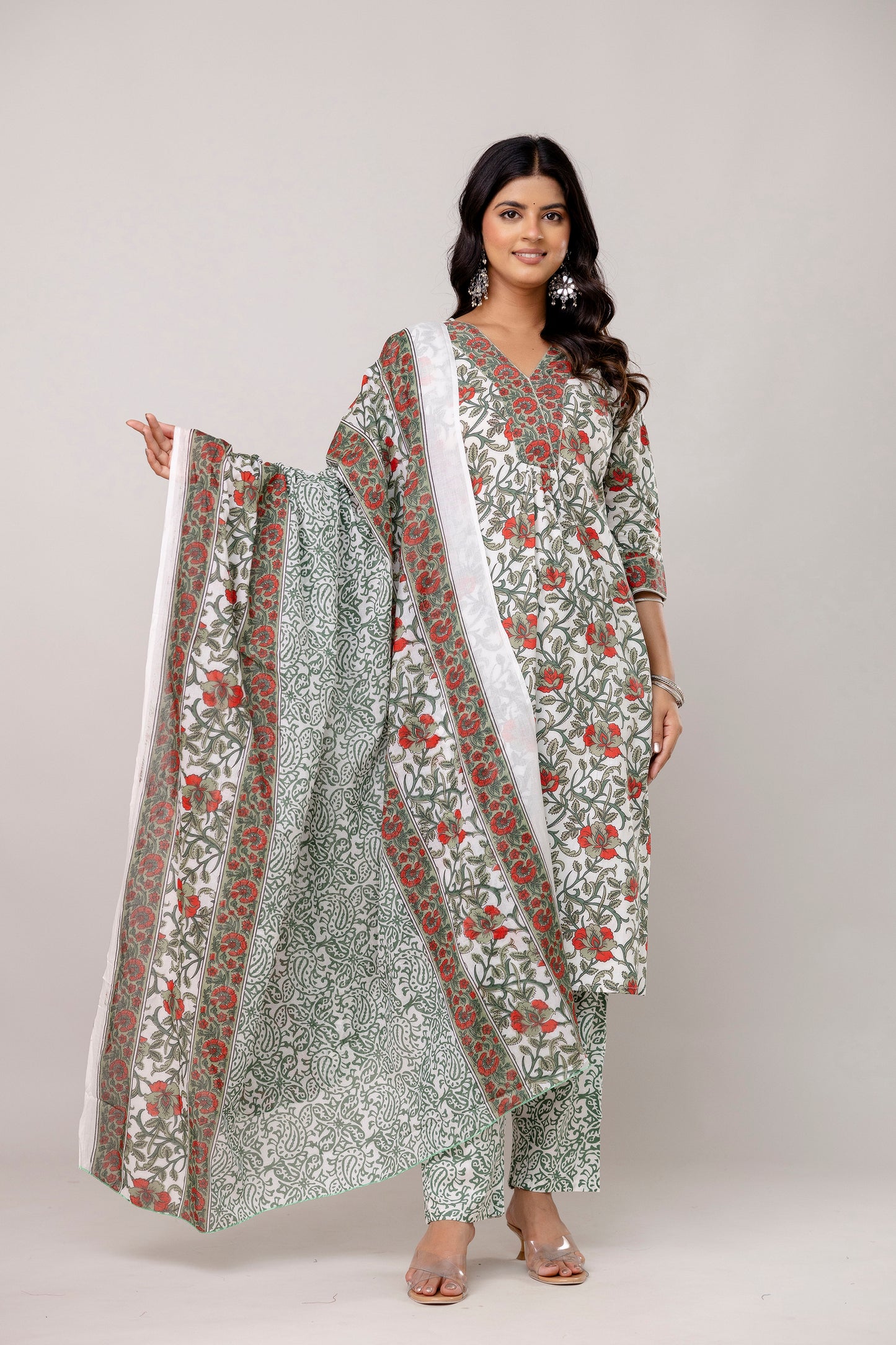 Vibrant Green Colour V-Neck Kurta Set with Intricate Border Print Dupatta