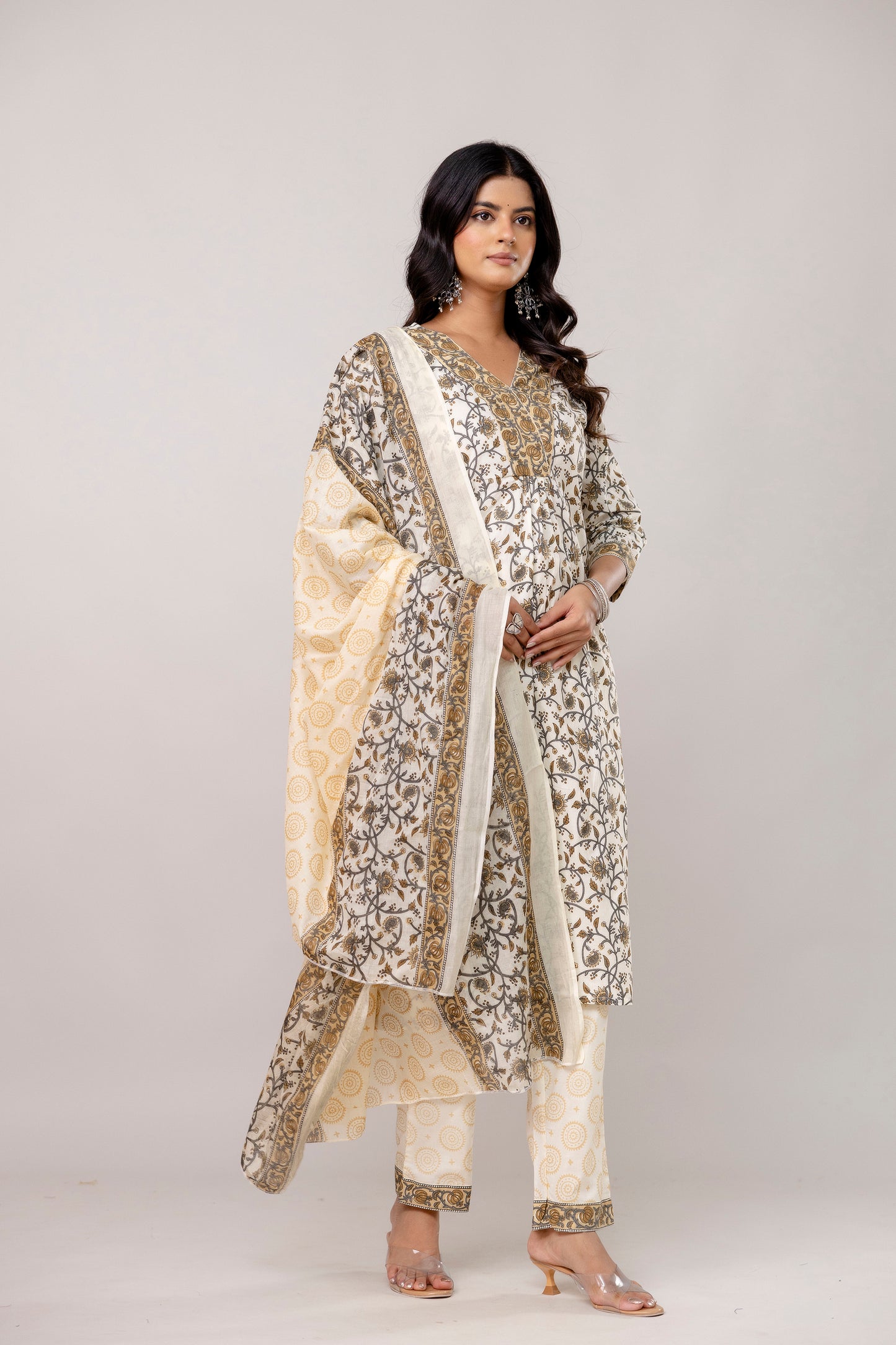 White Colour V-Neck Kurta Set with Intricate Border Print Dupatta