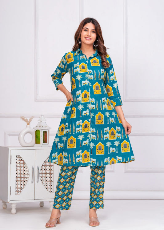 The Rajasthani Horse Print Cotton Cambric Mandarin Collar A-Line Kurti Set