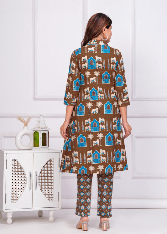 The Rajasthani Horse Print Cotton Cambric Mandarin Collar A-Line Kurti Set