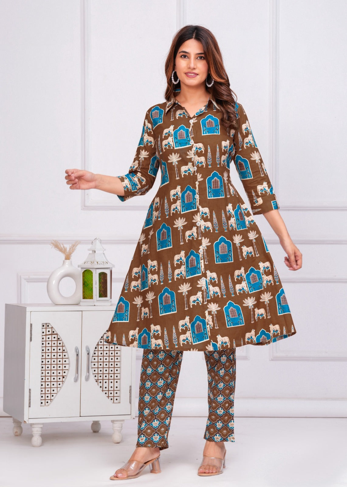 The Rajasthani Horse Print Cotton Cambric Mandarin Collar A-Line Kurti Set