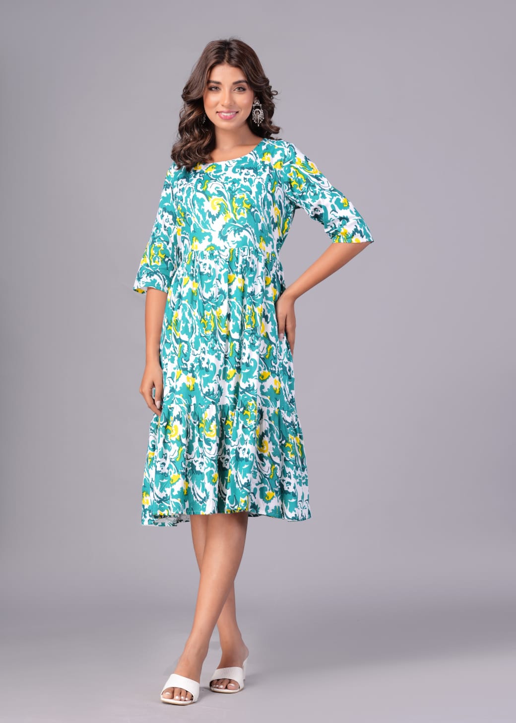 The 'Vacay Vibe' Teal & Yellow Rayon Fit-and-Flare Dress
