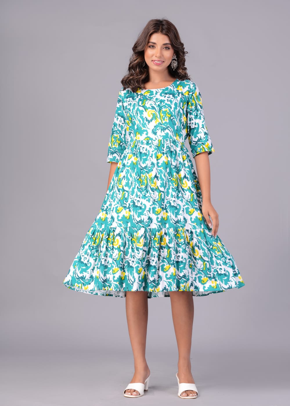 The 'Vacay Vibe' Teal & Yellow Rayon Fit-and-Flare Dress