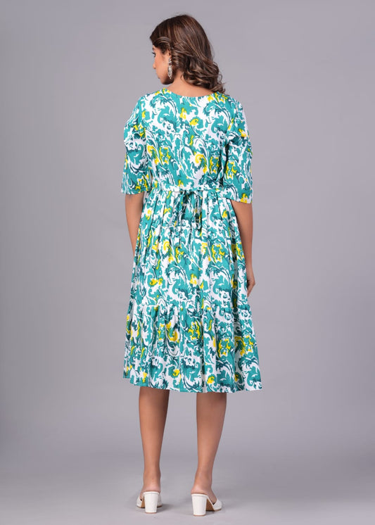 The 'Vacay Vibe' Teal & Yellow Rayon Fit-and-Flare Dress