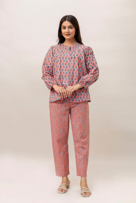Women’s Peach Cotton Two-Piece Set – Printed Top & Trouser