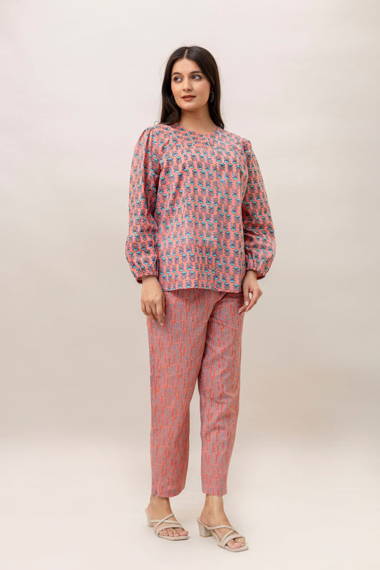 Women’s Peach Cotton Two-Piece Set – Printed Top & Trouser
