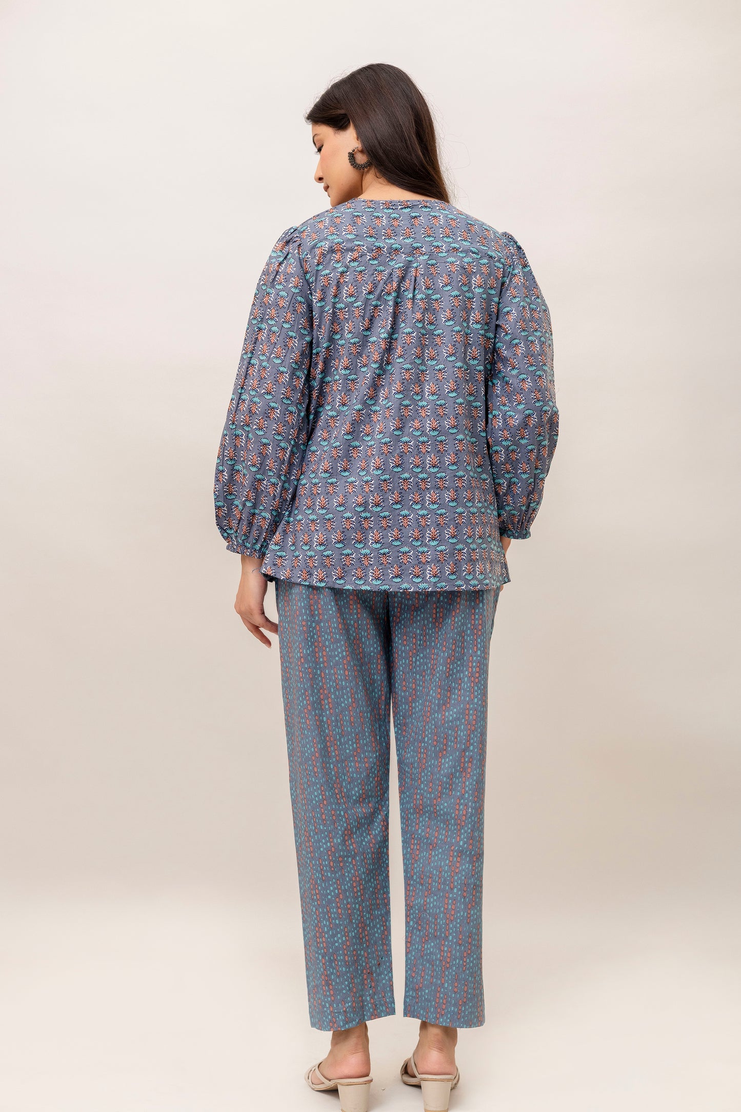 Printed Cotton Two-Piece Set – Blue Floral Top & Trouser