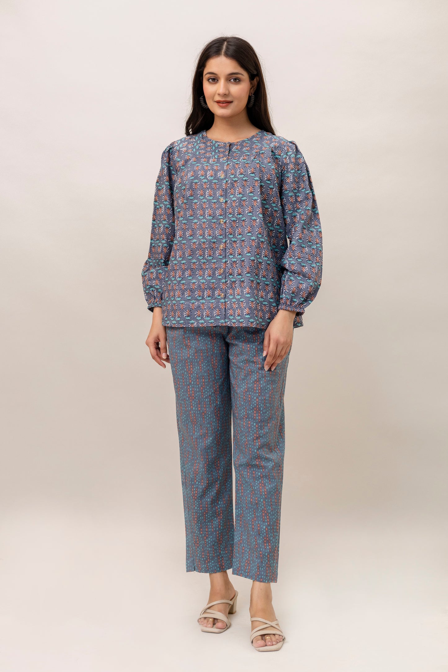 Printed Cotton Two-Piece Set – Blue Floral Top & Trouser