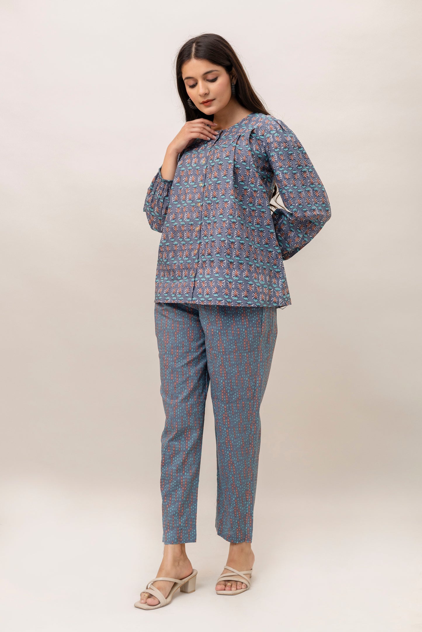 Printed Cotton Two-Piece Set – Blue Floral Top & Trouser