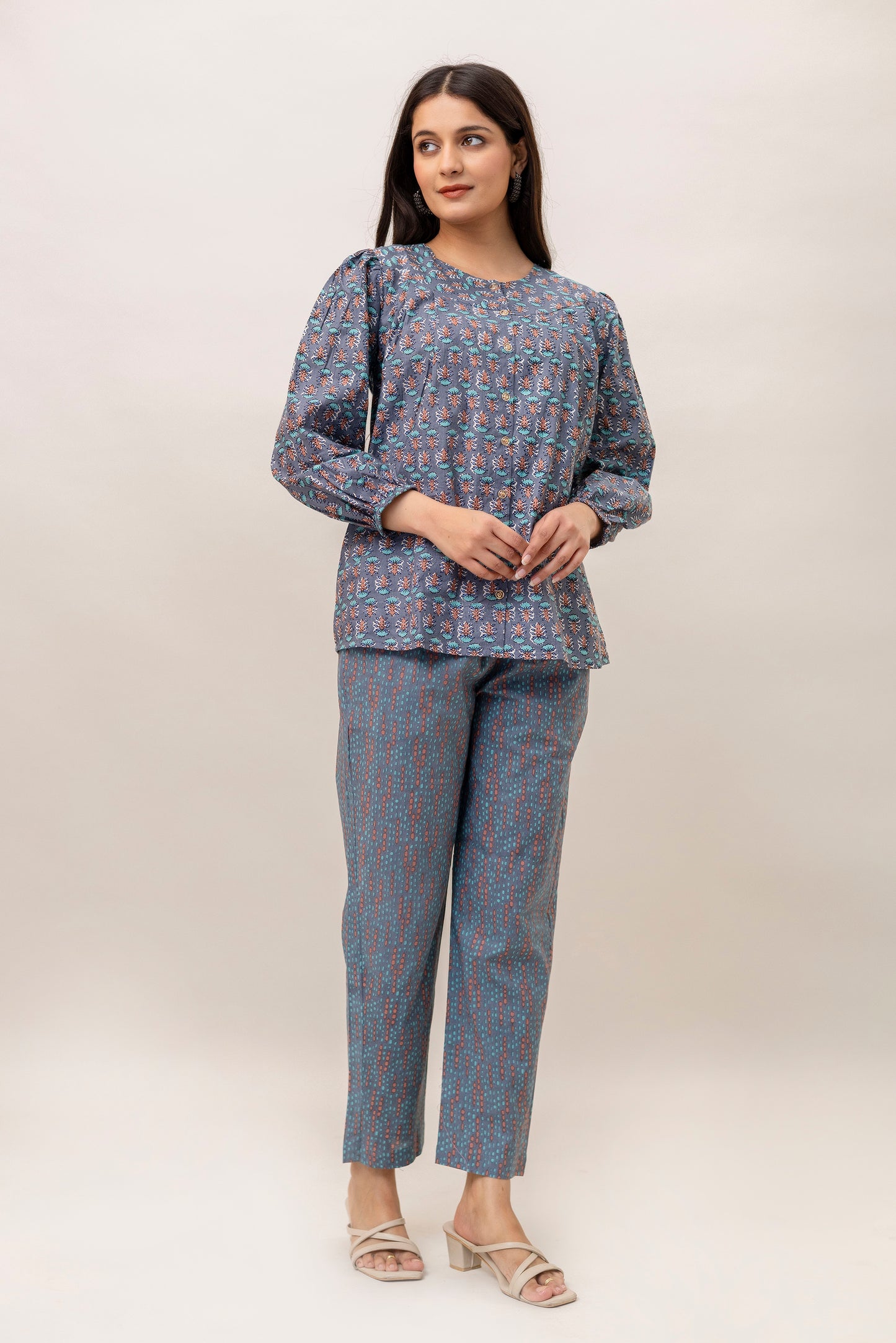 Printed Cotton Two-Piece Set – Blue Floral Top & Trouser