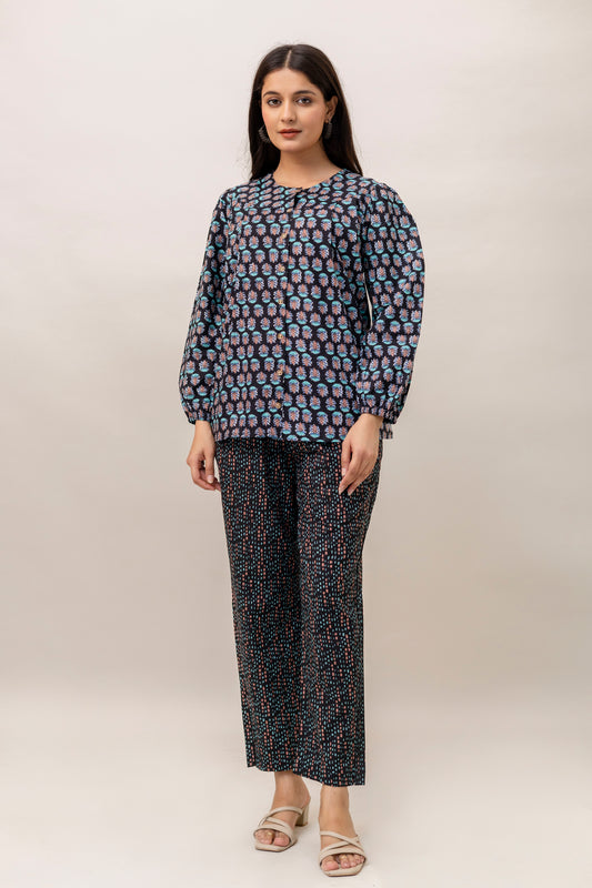 Women’s Black Cotton Two-Piece Set – Printed Top & Trouser