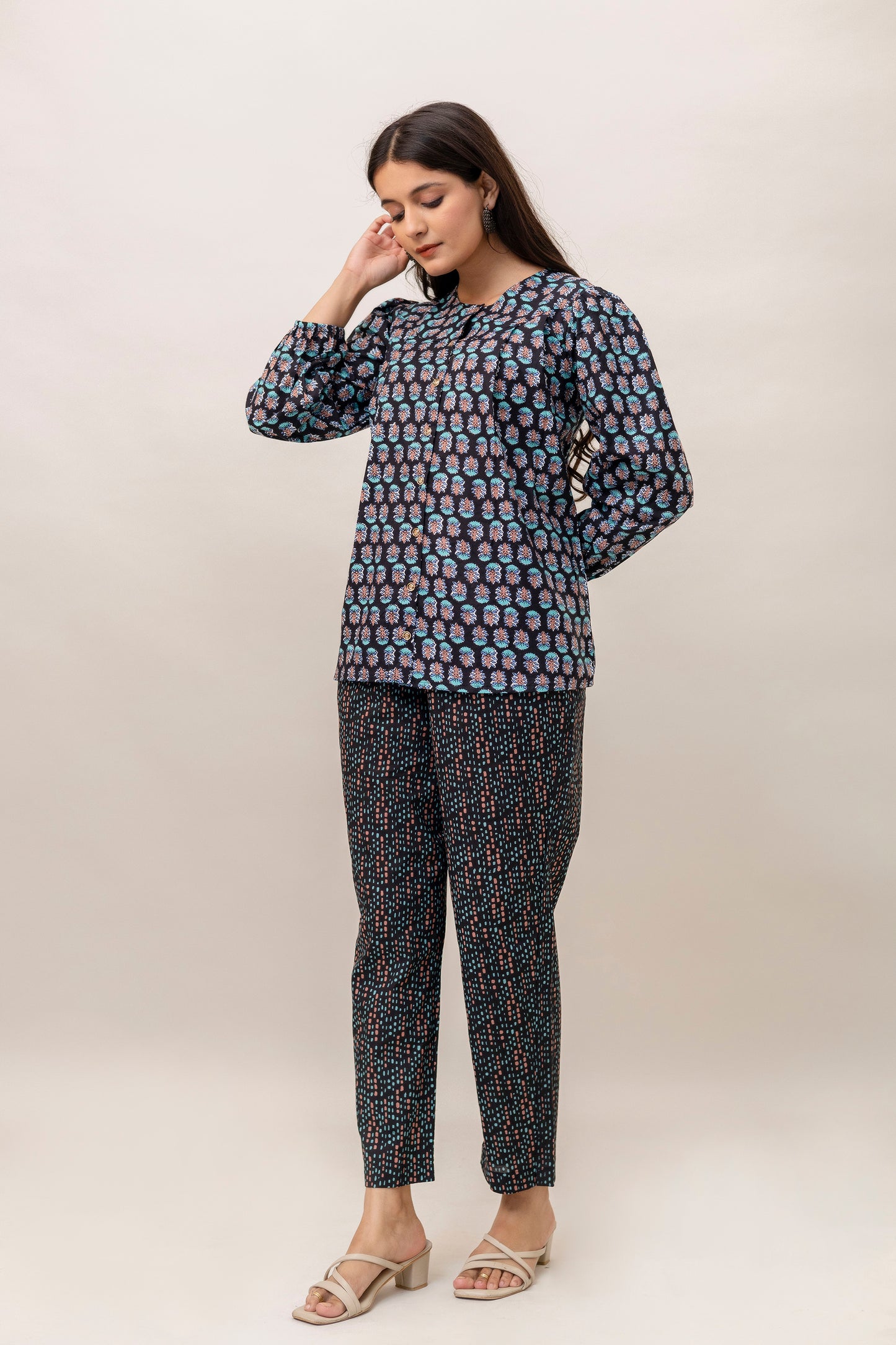 Women’s Black Cotton Two-Piece Set – Printed Top & Trouser