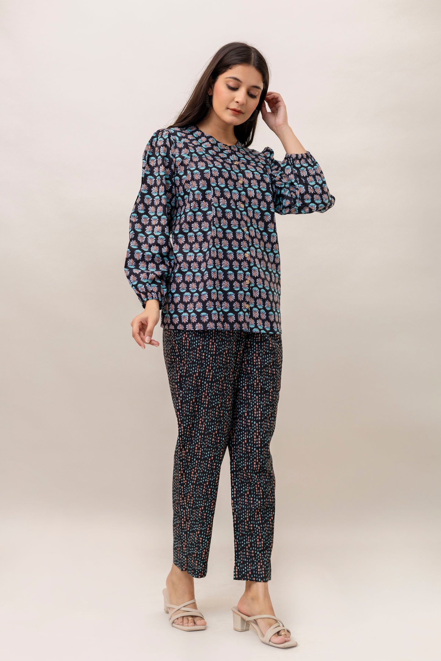 Women’s Black Cotton Two-Piece Set – Printed Top & Trouser