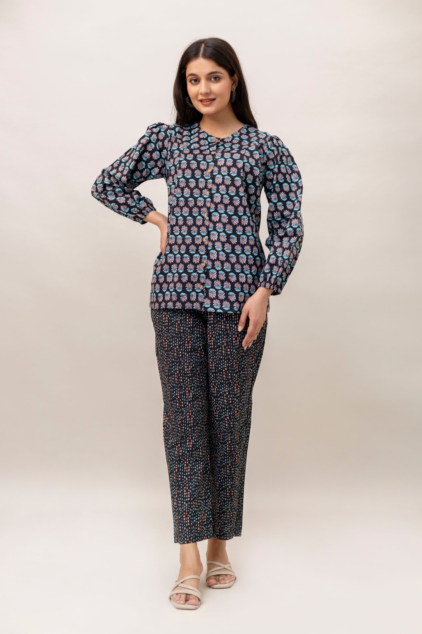 Women’s Black Cotton Two-Piece Set – Printed Top & Trouser