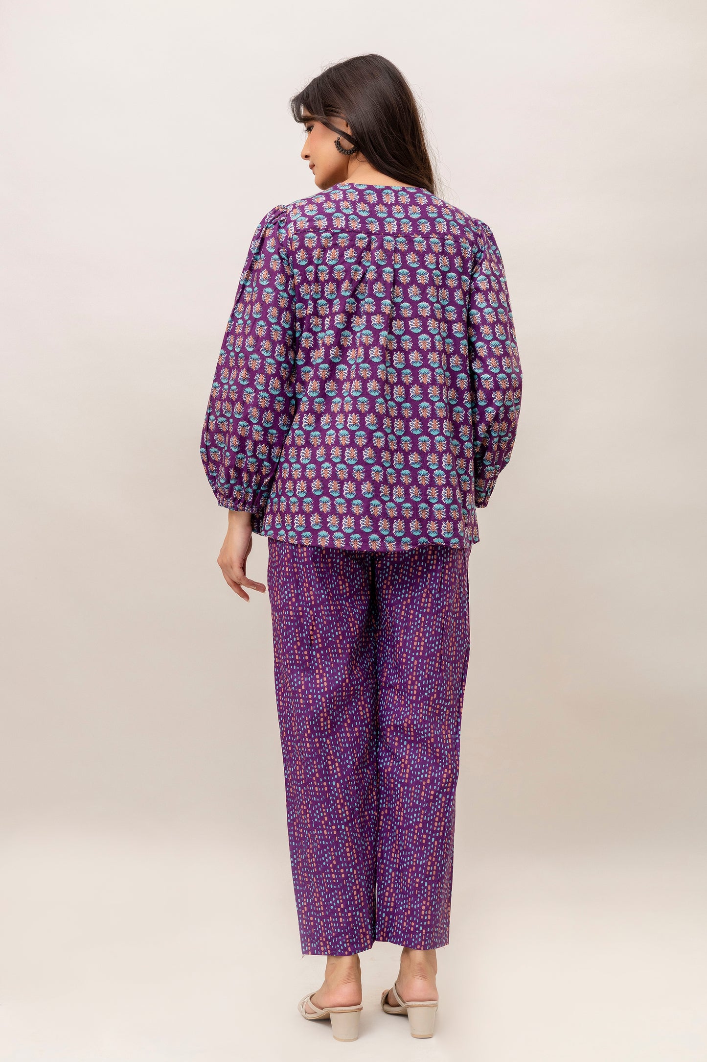 Women’s Printed Two-Piece Set – Purple Cotton Top & Pants