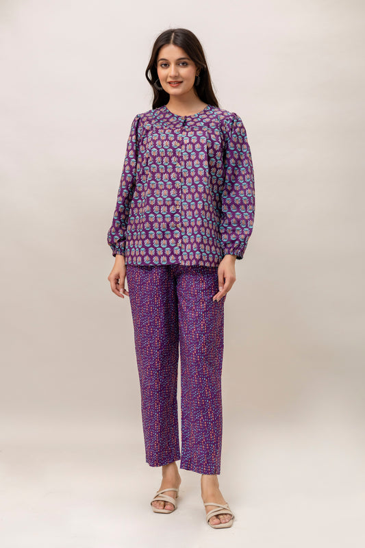 Women’s Printed Two-Piece Set – Purple Cotton Top & Pants