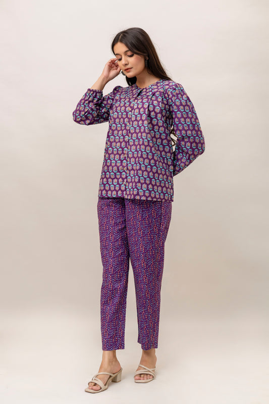 Women’s Printed Two-Piece Set – Purple Cotton Top & Pants