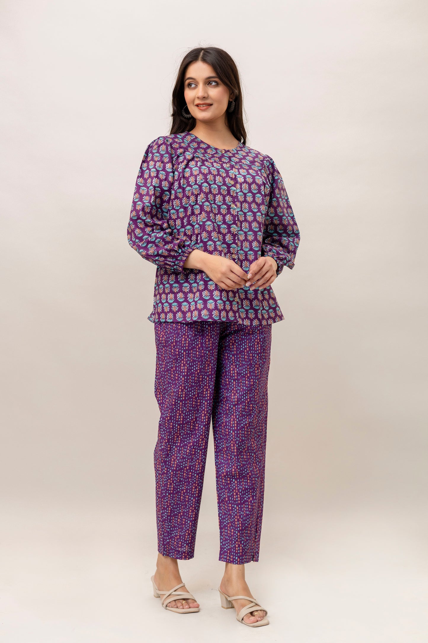 Women’s Printed Two-Piece Set – Purple Cotton Top & Pants