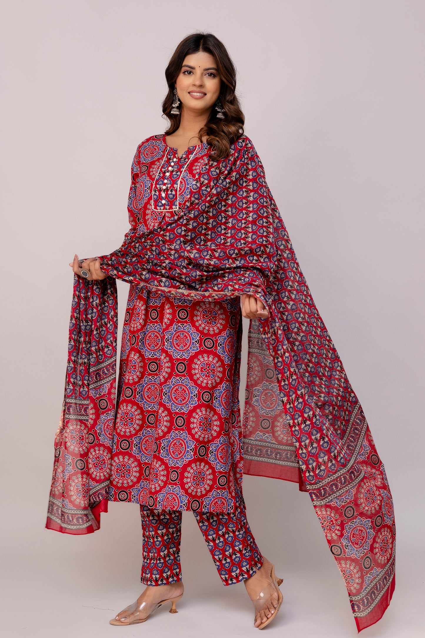 Vibrant Red Colour Hand Print Pure Taj Cotton Kurta with Pant with  Dupatta