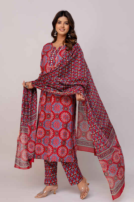 Vibrant Red Colour Hand Print Pure Taj Cotton Kurta with Pant with  Dupatta