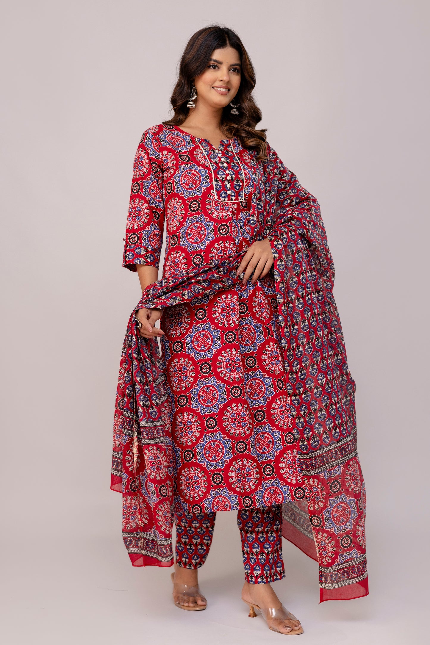 Vibrant Red Colour Hand Print Pure Taj Cotton Kurta with Pant with  Dupatta