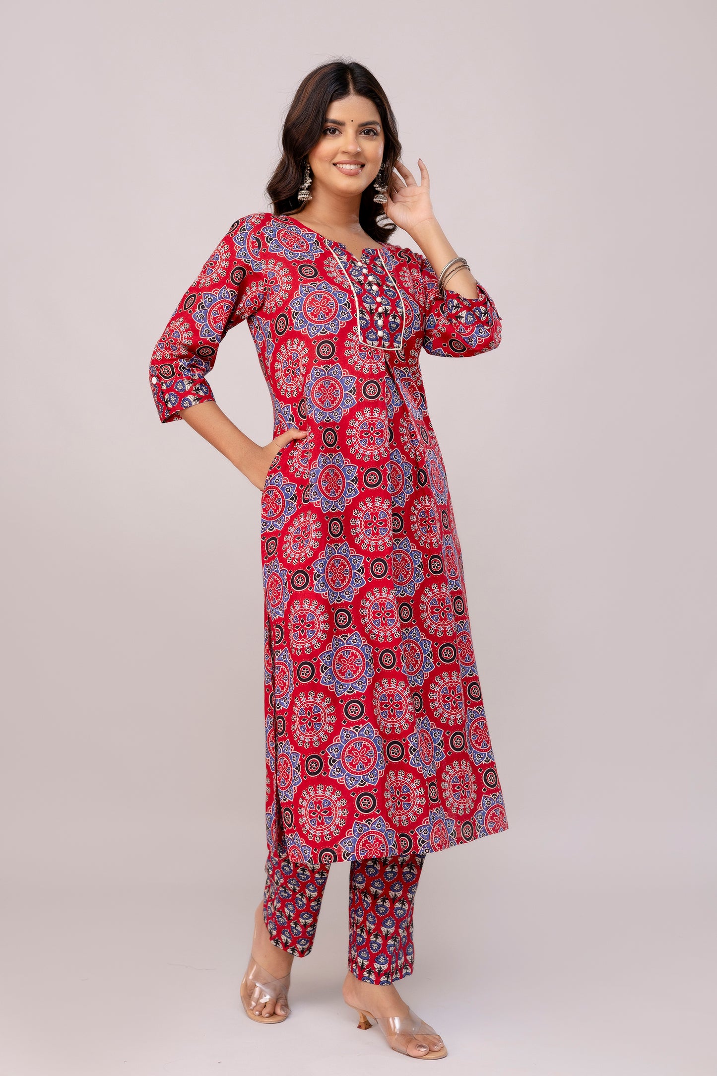 Vibrant Red Colour Hand Print Pure Taj Cotton Kurta with Pant with  Dupatta