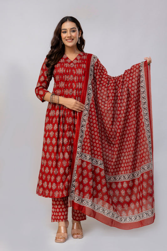 Maroon Colour Hand Print Pure Taj Cotton Kurta with Pant with  Dupatta