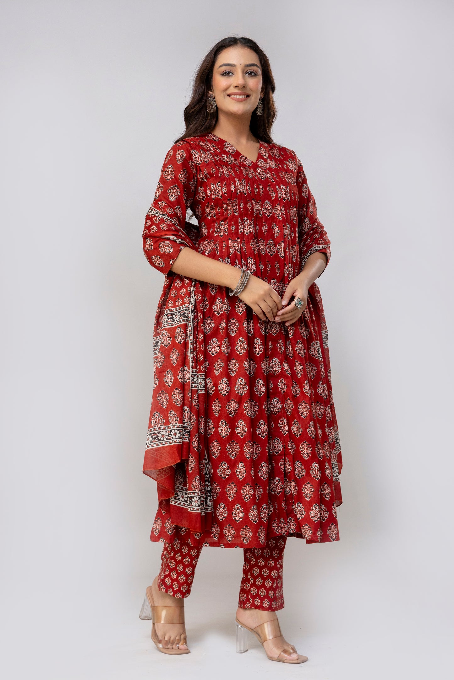Maroon Colour Hand Print Pure Taj Cotton Kurta with Pant with  Dupatta