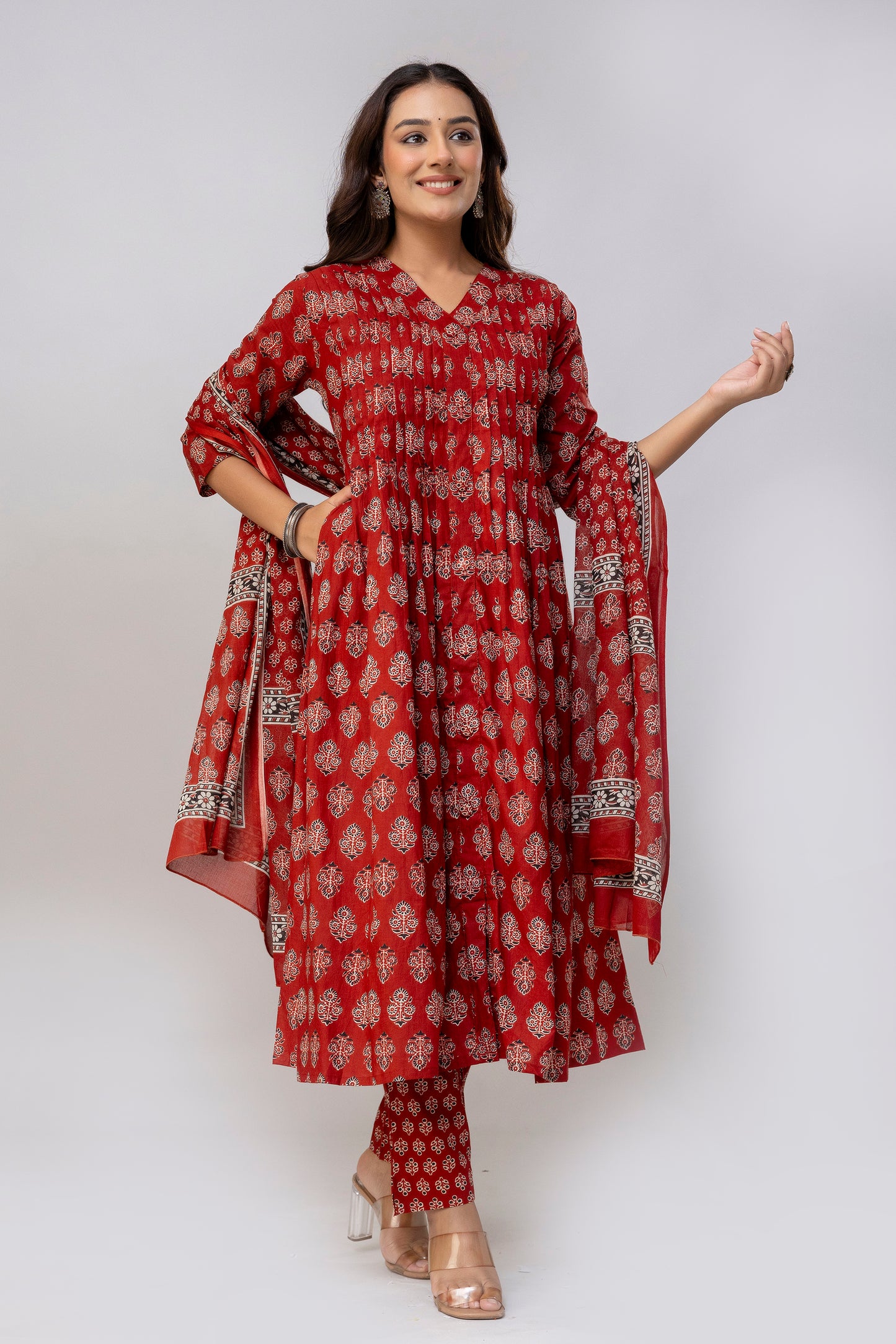 Maroon Colour Hand Print Pure Taj Cotton Kurta with Pant with  Dupatta