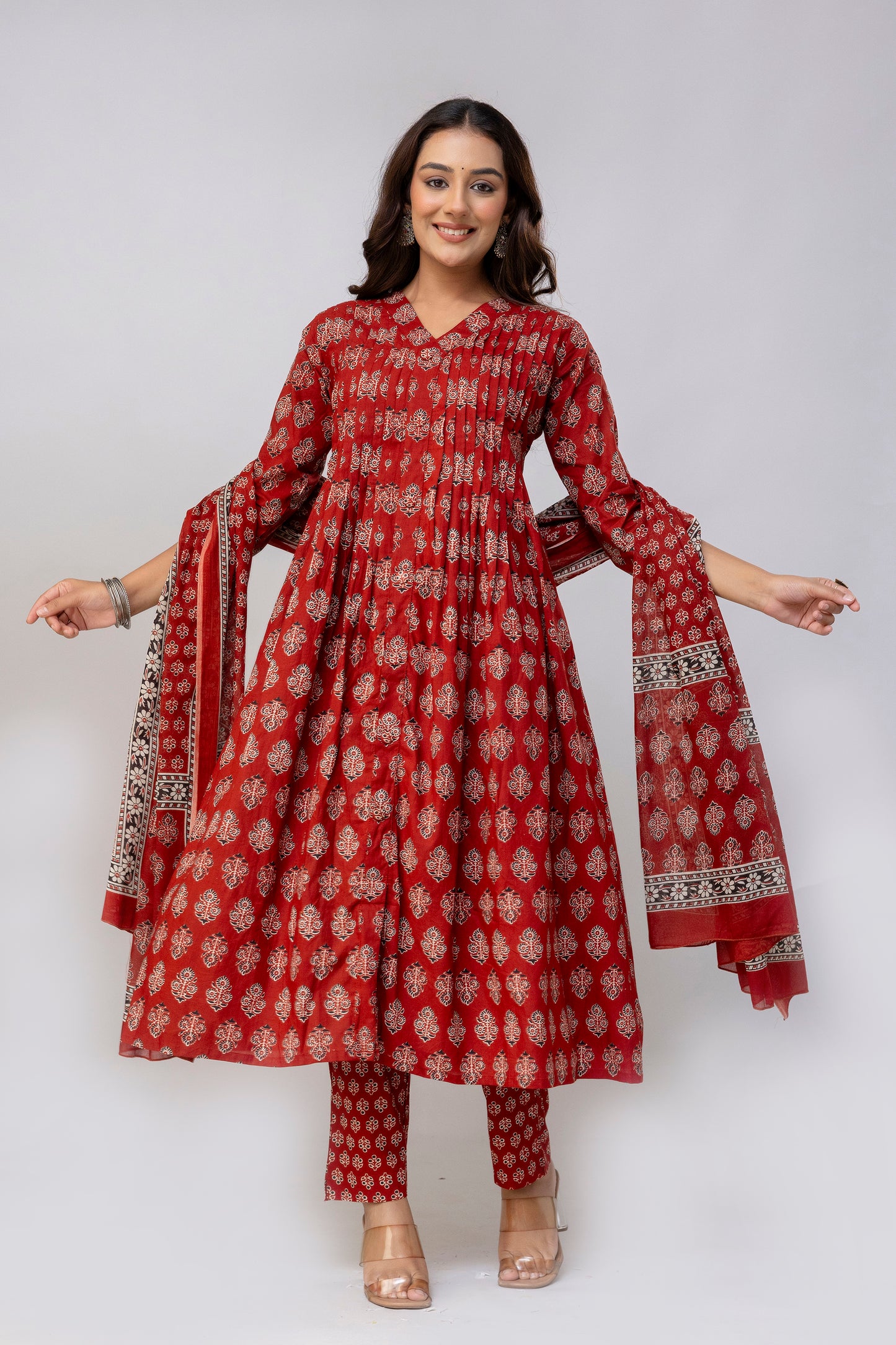 Maroon Colour Hand Print Pure Taj Cotton Kurta with Pant with  Dupatta