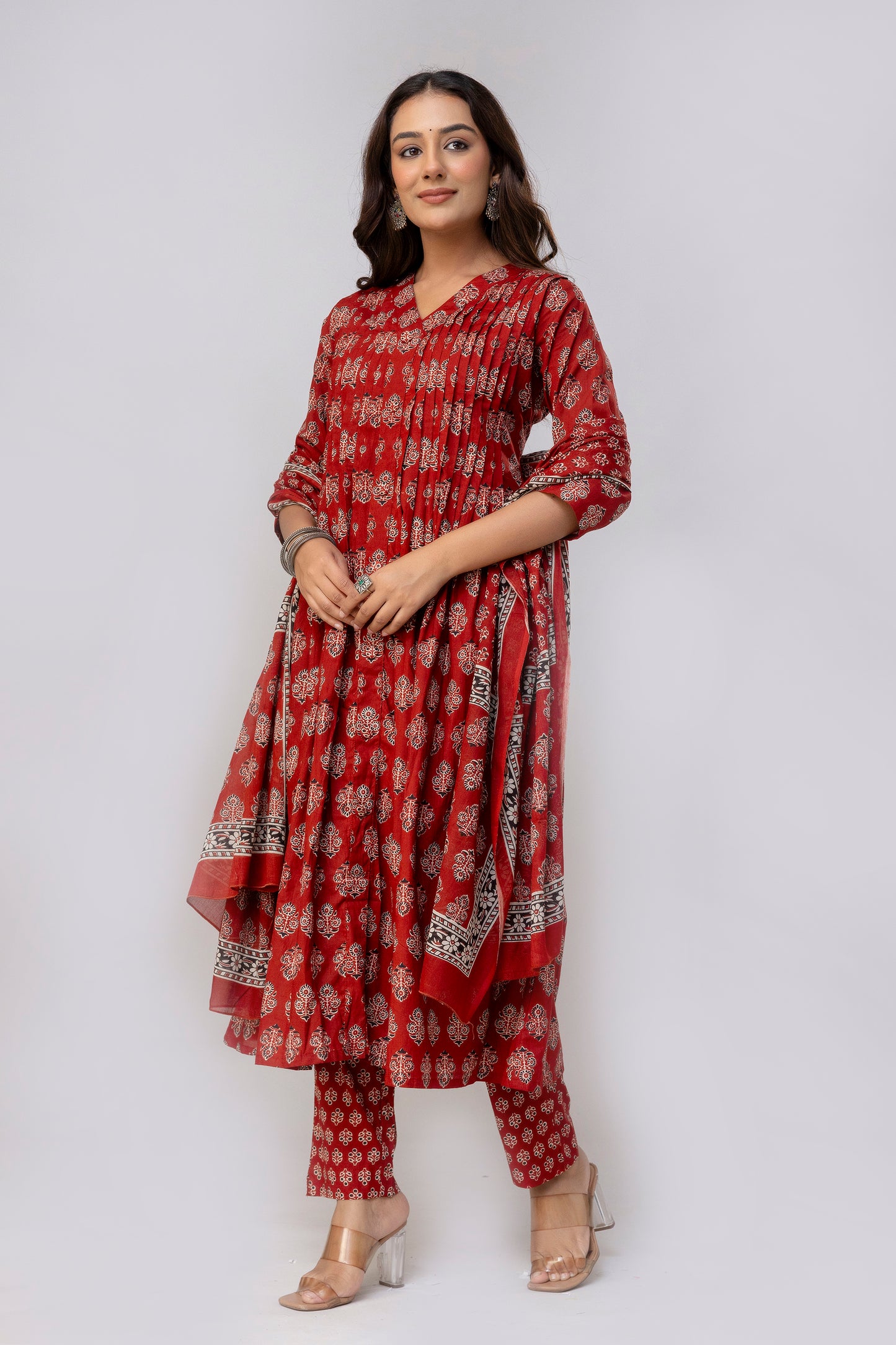 Maroon Colour Hand Print Pure Taj Cotton Kurta with Pant with  Dupatta