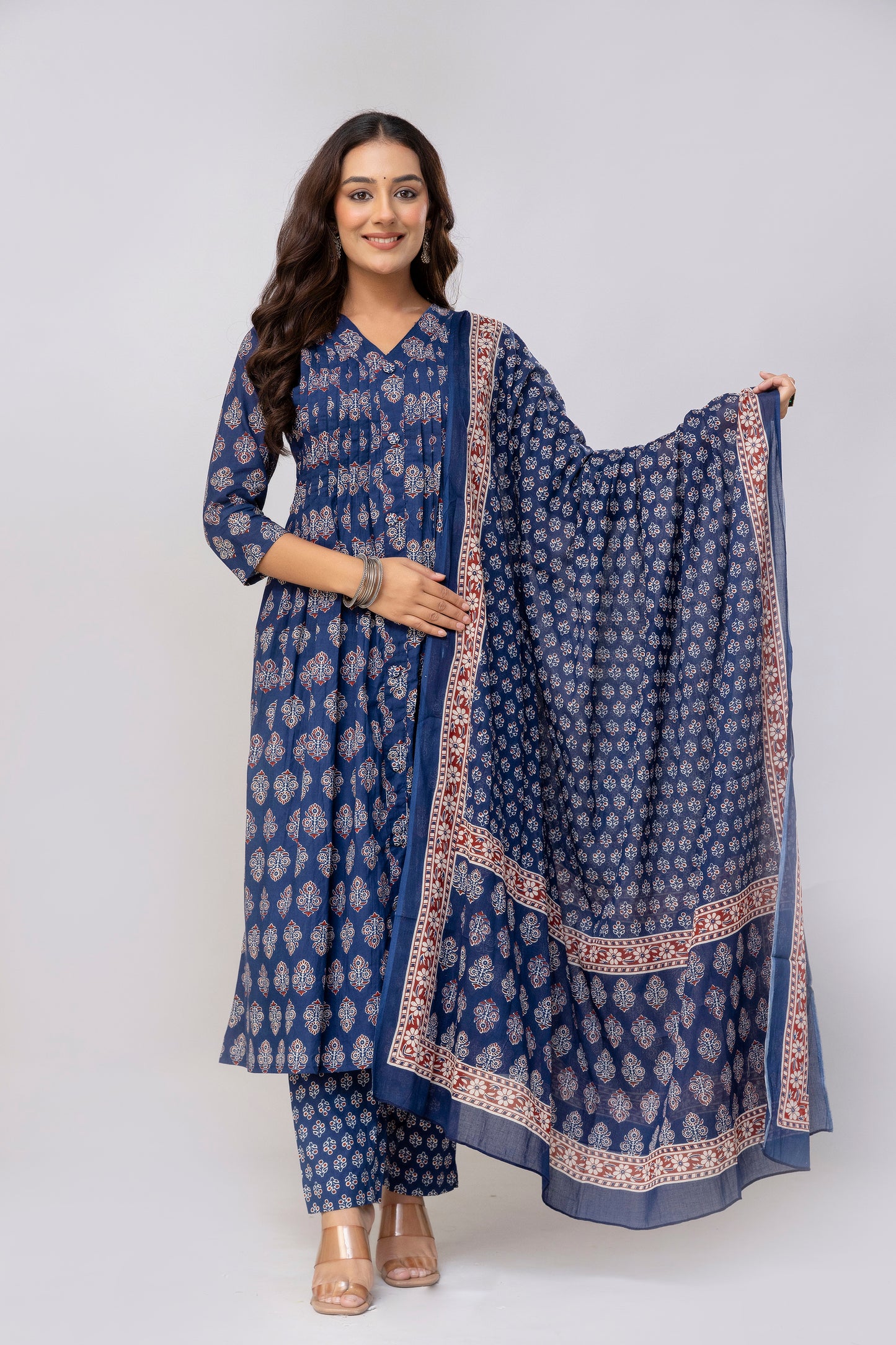 Deep Blue Colour Hand Print Pure Taj Cotton Kurta with Pant with  Dupatta