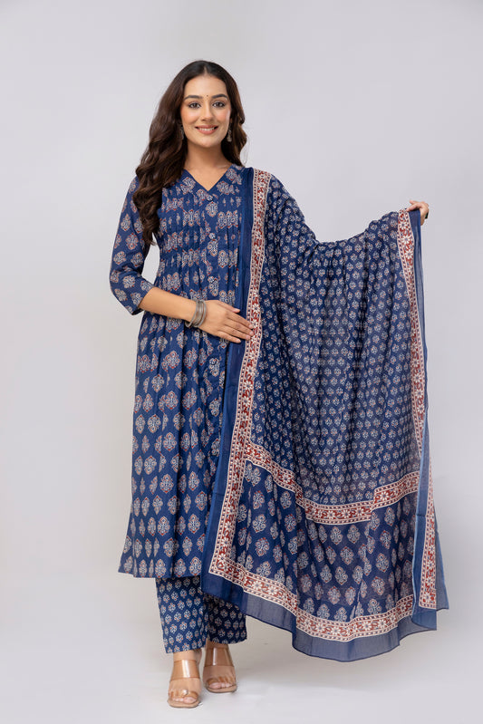 Deep Blue Colour Hand Print Pure Taj Cotton Kurta with Pant with  Dupatta