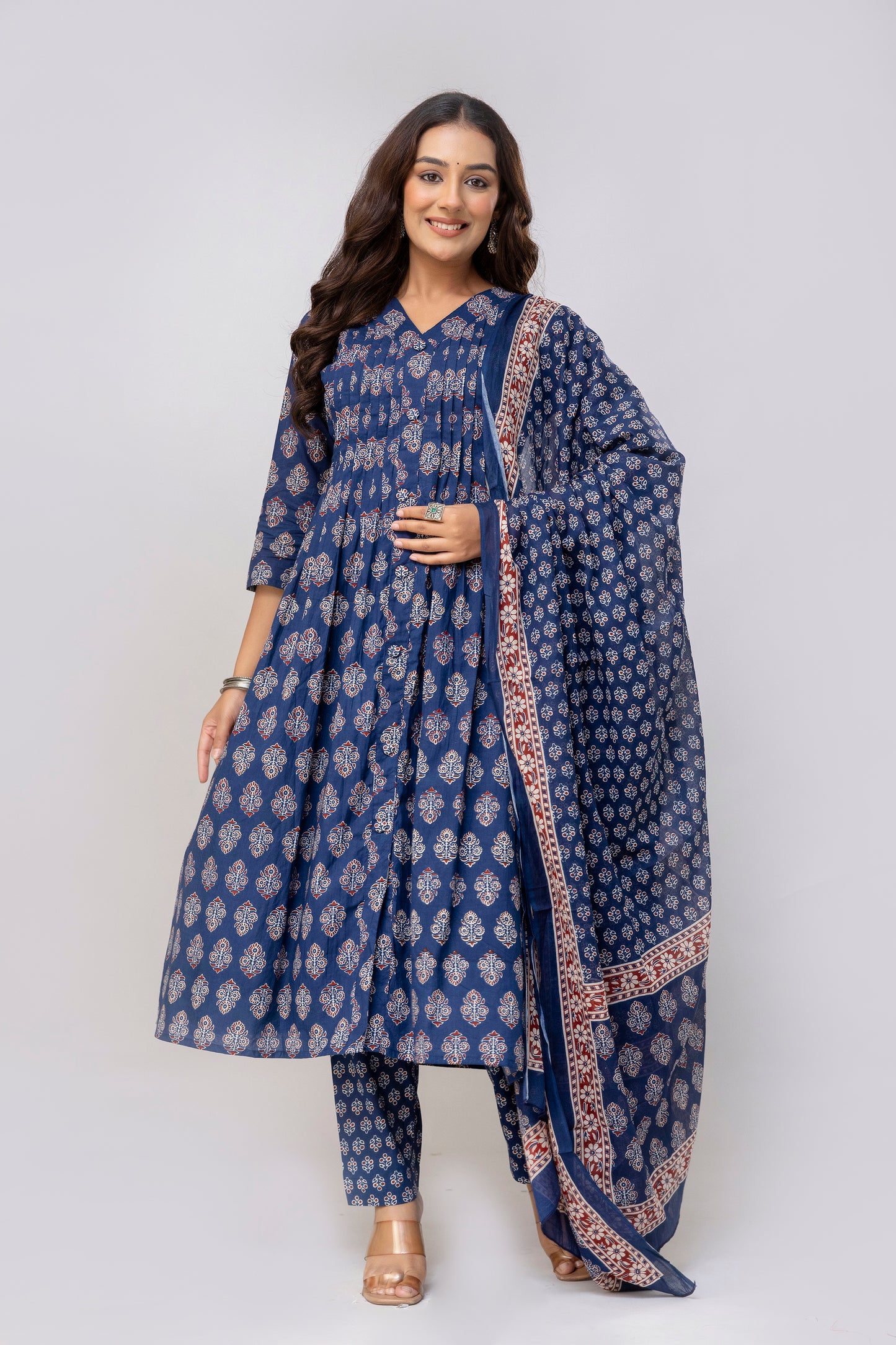 Deep Blue Colour Hand Print Pure Taj Cotton Kurta with Pant with  Dupatta
