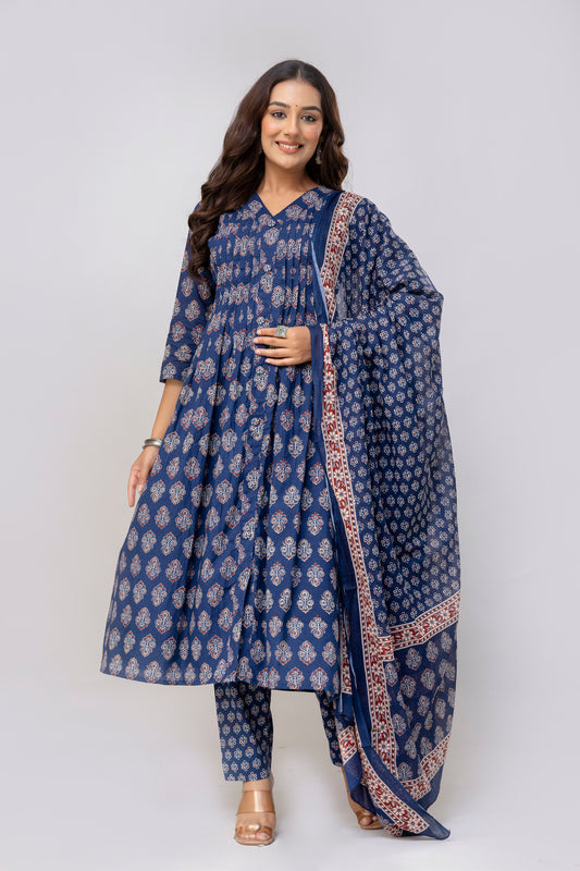 Deep Blue Colour Hand Print Pure Taj Cotton Kurta with Pant with  Dupatta