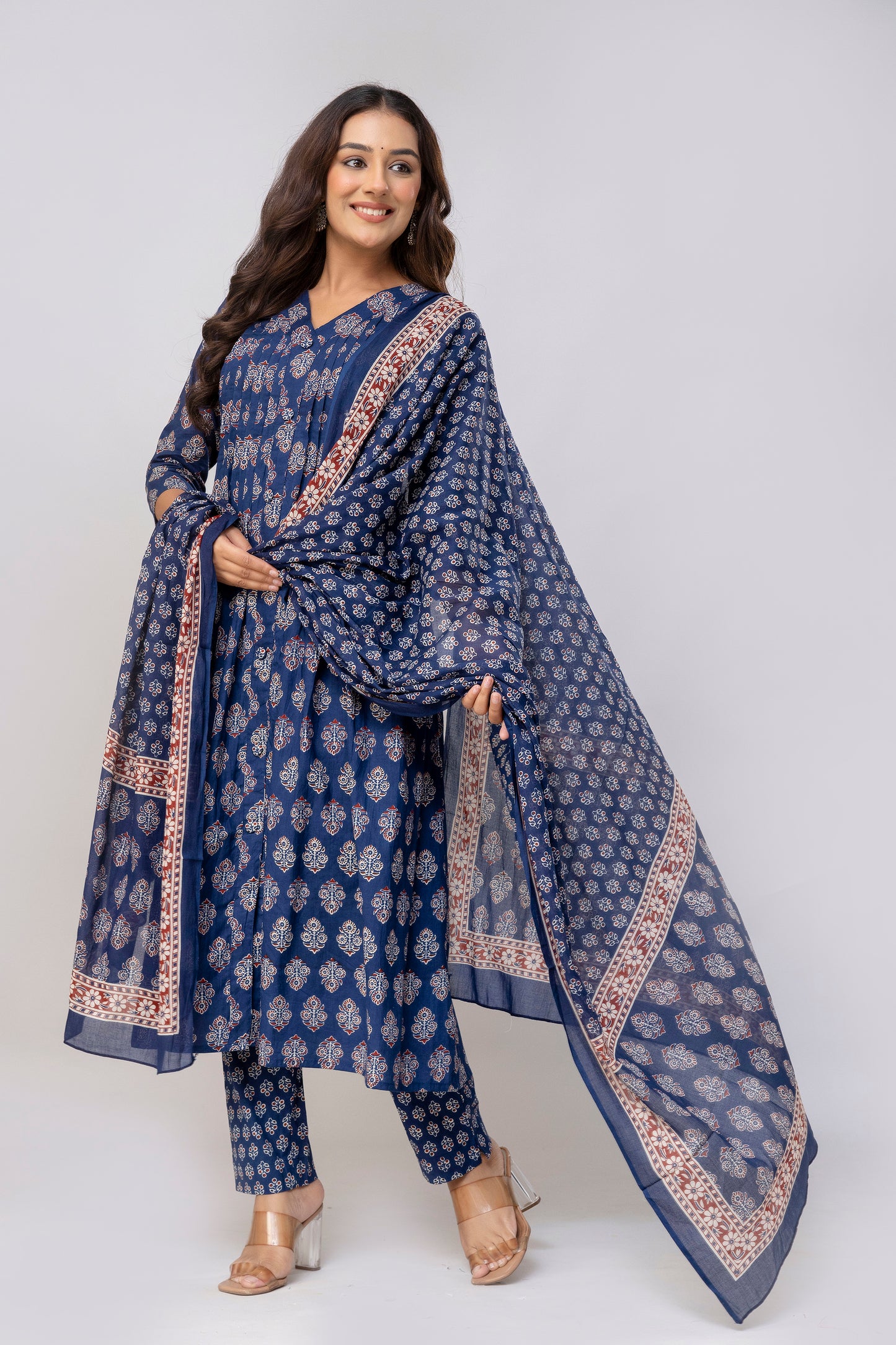 Deep Blue Colour Hand Print Pure Taj Cotton Kurta with Pant with  Dupatta