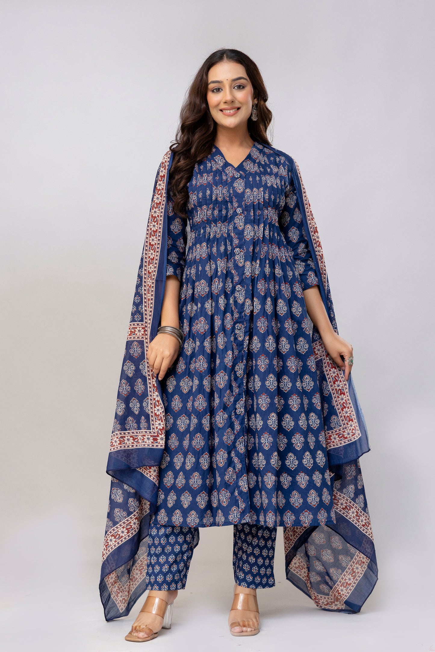 Deep Blue Colour Hand Print Pure Taj Cotton Kurta with Pant with  Dupatta