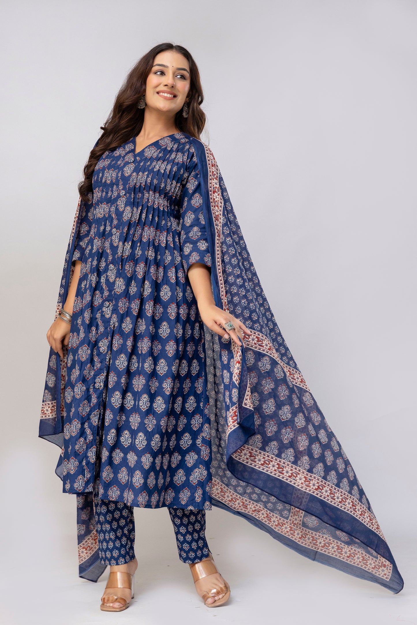 Deep Blue Colour Hand Print Pure Taj Cotton Kurta with Pant with  Dupatta