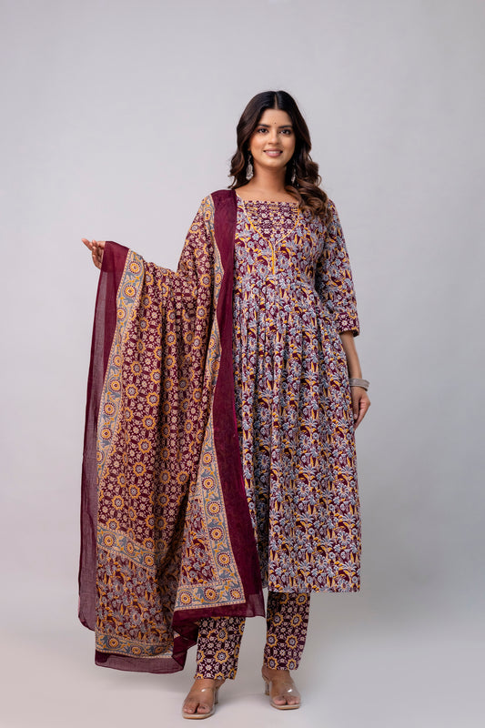 The Festive Marigold Print Pure Taj Cotton Cambric Anarkali Kurta Pant with Duaptta Set.