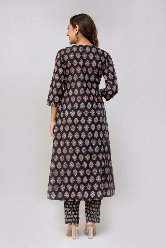 Black Colour Hand Print Pure Taj Cotton Kurta with Pant with  Dupatta