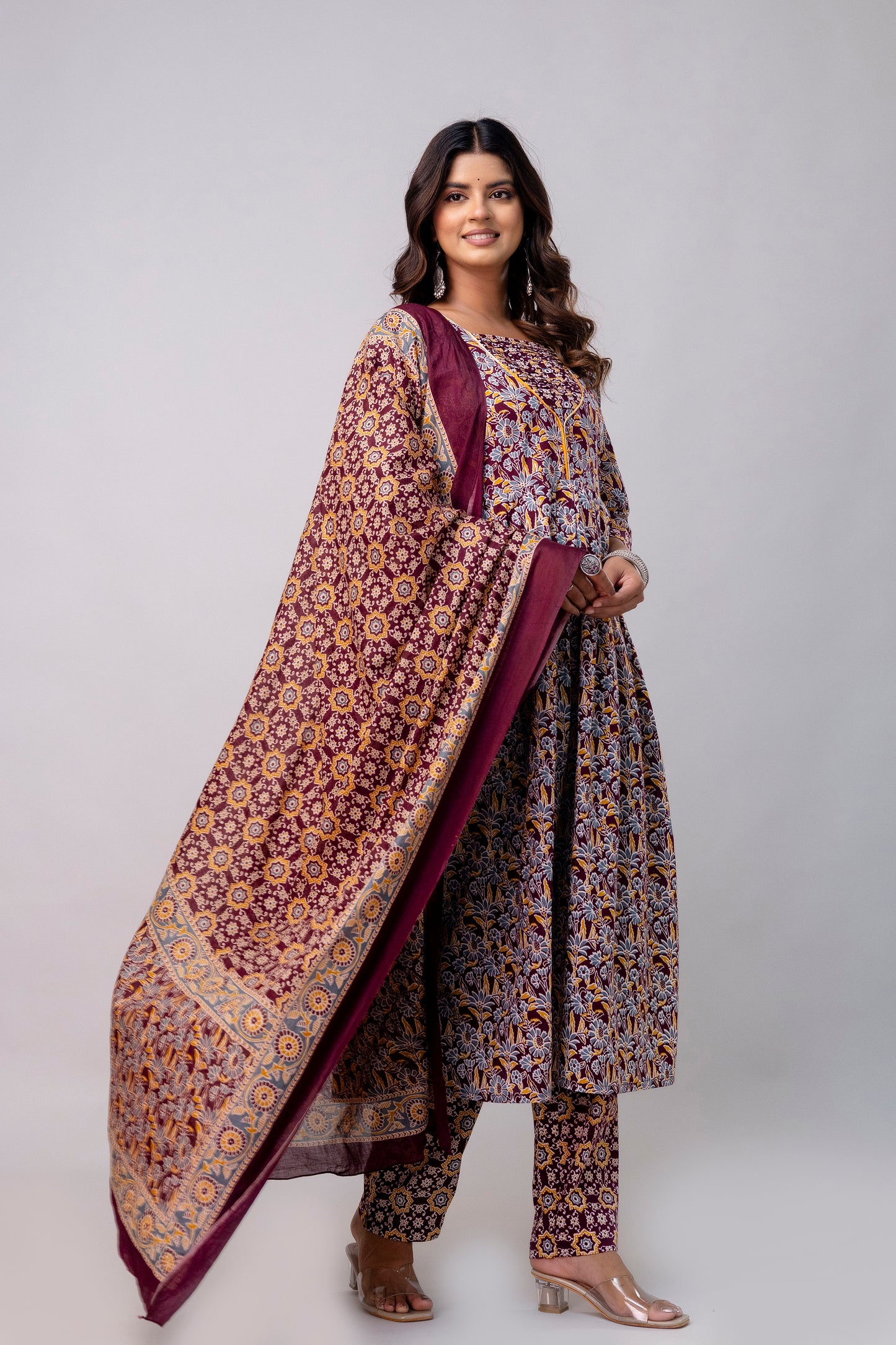 The Festive Marigold Print Pure Taj Cotton Cambric Anarkali Kurta Pant with Duaptta Set.