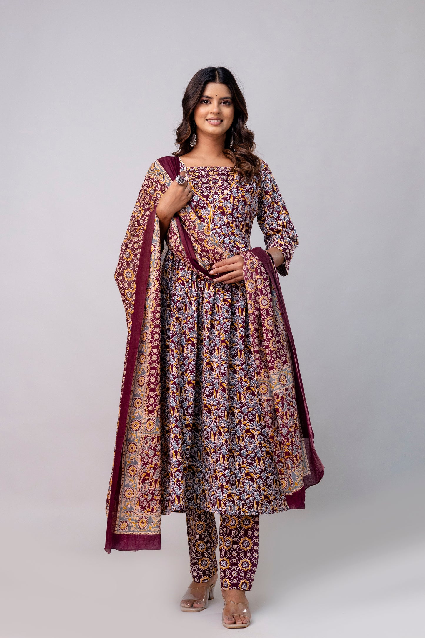The Festive Marigold Print Pure Taj Cotton Cambric Anarkali Kurta Pant with Duaptta Set.