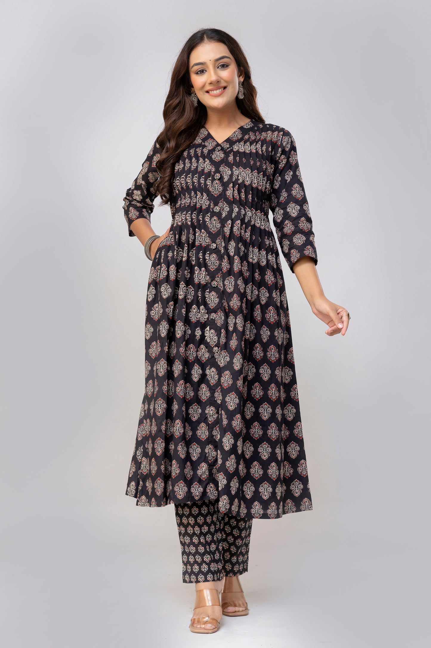 Black Colour Hand Print Pure Taj Cotton Kurta with Pant with  Dupatta