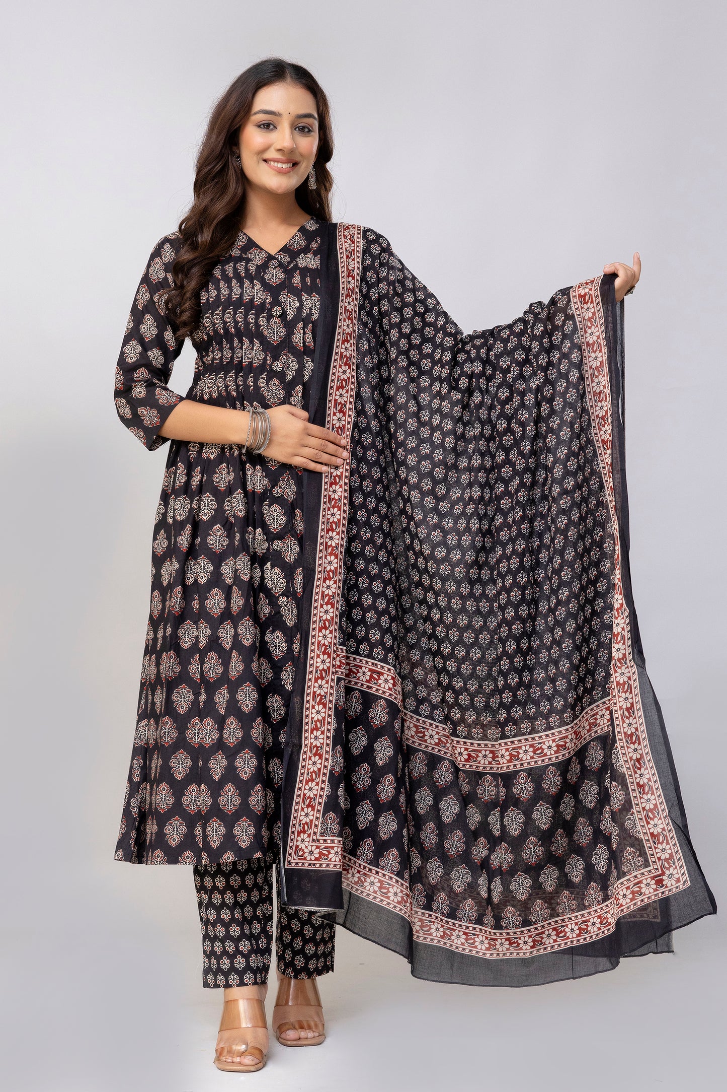 Black Colour Hand Print Pure Taj Cotton Kurta with Pant with  Dupatta