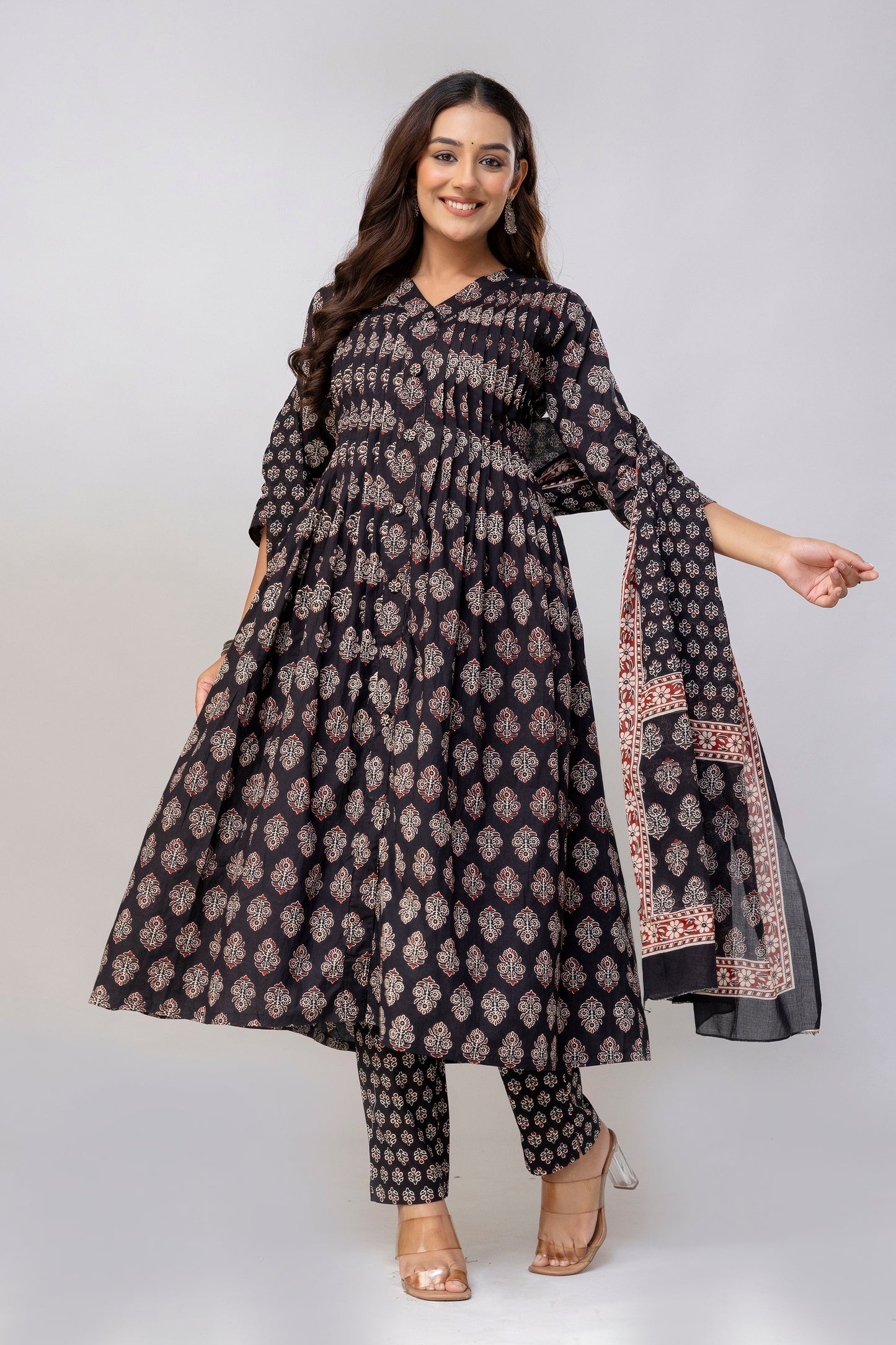 Black Colour Hand Print Pure Taj Cotton Kurta with Pant with  Dupatta